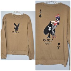 Playboy Club Tokyo Japan Mens Sweatshirt Anime Card Ace‎ of Spades Brown Tan